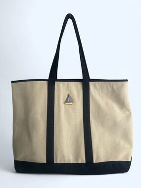 Stoney Clover Lane Beige Canvas Tote with Navy Trim and Sailboat Patch